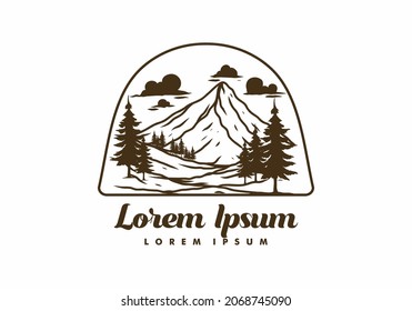 Mountain and pine trees line art illustration design