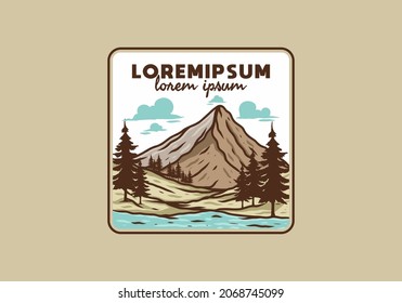 Mountain and pine trees line art illustration design