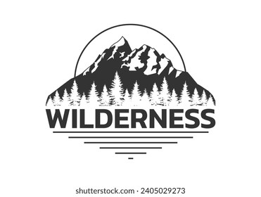 Mountain with pine trees logo. Wilderness, outdoor, travel, explore label or emblem design. Mountains with forest sign. Vector illustration.