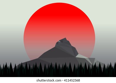 mountain pine trees and sun setting vector