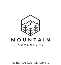 Mountain with pine trees,line badge logo design inspiration