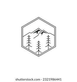 Mountain with pine trees,line badge logo design inspiration