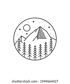 mountain and pines in mono line art ,badge patch pin graphic illustration, vector art t-shirt design