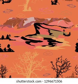 Mountain pines trees sky landscapes hand drawn orange, coral, yellow, pink, black vector illustration. Seamless repeat pattern design. Ideal for fabric, gift wrap, home decor