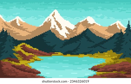 Mountain pixel lake with forest background. Colorful natural 8bit landscape with picturesque trees and blue sky with vector clouds