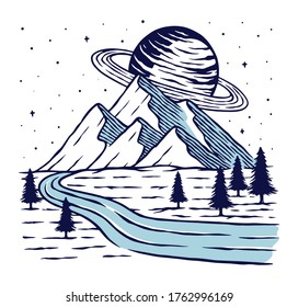 Ilustración de los vectores de montaña y planeta