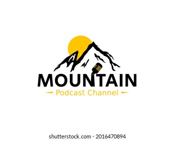 mountain podcast illustration. modern logo for podcast, sharing, talk about traveling, hiking, mount expedition.