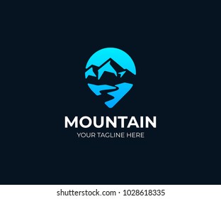 Mountain Point Logo Template. Mountain River And Pointer Vector Design. Traveling Illustration