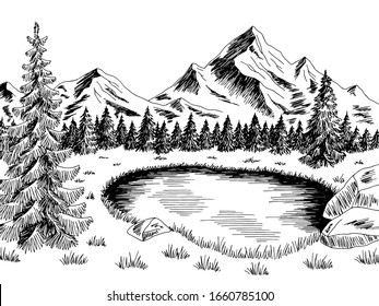 Mountain pond graphic black white landscape sketch illustration vector