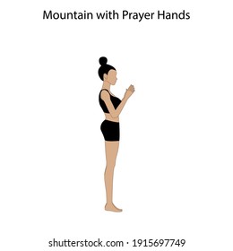 Montaña con manos de oración Pose Yoga Workout sobre el fondo blanco. Ilustración del vector