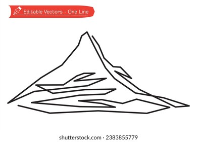 Mountain Premium Icon. Single continuous  line drawing of remote Matterhorn mountain in Switzerland. Vector illustration of Matterhorn mountain above an Alpine stream. Alps. Straight line art. 