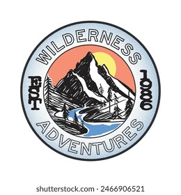 Mountain Printed Patch label artwork, wilderness adventure vintage artwork,  Summer camp. Mountain adventure. Mounting artwork for t shirt , sweatshirt, poster, sticker and others. Explore more.