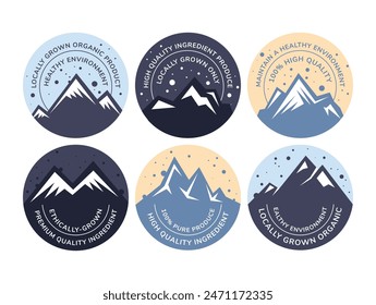 Mountain product high quality ingredient circle minimal sticker design template set vector flat illustration. Mountaineering hill rock cliff snowy landscape round badge maintain healthy environment