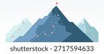 Mountain progression path. Business path is on the way to concept of success. Climbing progress route, mountain peak overcoming, mountain climbing path with white flag on top vector illustration.