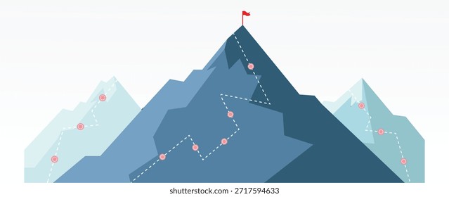 Camino de progresión de montaña. El camino del negocio está en el camino hacia el concepto de éxito. Ruta de ascenso, superación de la cima de la montaña, camino de escalada con bandera blanca en la Ilustración vectorial superior.