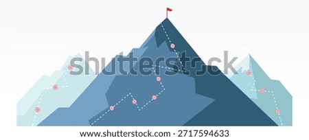 Mountain progression path. Business path is on the way to concept of success. Climbing progress route, mountain peak overcoming, mountain climbing path with white flag on top vector illustration.