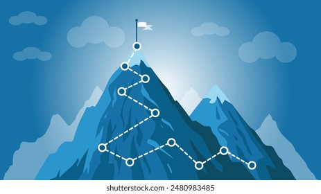 In: Mountain Progression Path. Klettersteig, Berggipfel überwinden, Bergkletterweg mit roter Fahne auf der oberen Vektorillustration. Wegbeschreibung Infografik, Fortschritt Weg zum Gipfel