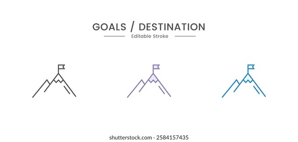 Mountain progression path. Climbing progress route, mountain peak overcoming, mountain climbing path with red flag on top vector illustration. Way path infographic, progress way to peak