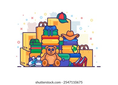 Mountain of purchases and gifts stacked in large pile. Toys, clothes and gifts for souvenirs New Year holidays. Simple cartoon vector concept in childish hand drawn style isolated on white background