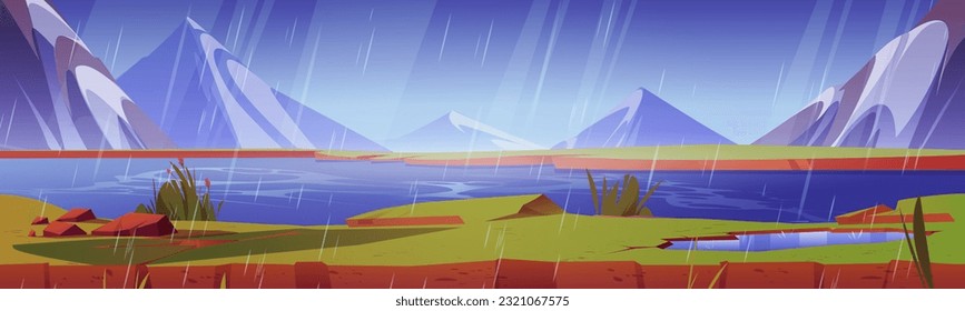 Mountain rainy landscape with river or lake. Vector cartoon illustration of water flowing near majestic rocky peaks with glacier, green valley with blooming bushes, bad weather banner