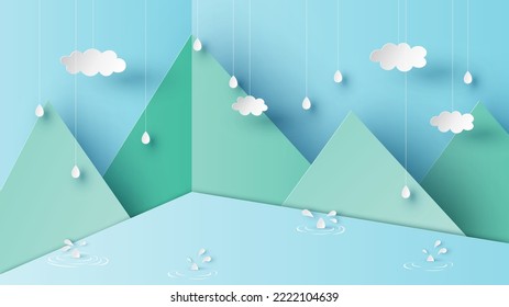 Mountain in rainy season scenery on corner room. Mountain landscape. Rainy season. Paper cut and craft style. vector, illustration.