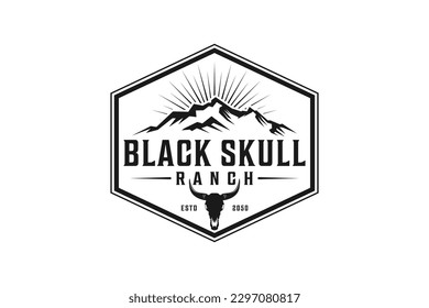 Mountain ranch logo design cow skull silhouette illustration rocky mountain hill