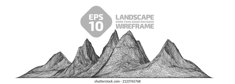 Mountain range, Abstract wireframe background. Black stroke on white. 3D grid technology, vector illustration landscape. Digital Terrain Cyberspace in valleys, Data Array. Isolated object. Wide size.