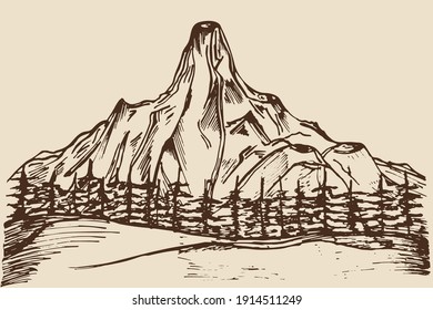 Mountain range against the background of forest. Vector illustration, mountains and forest, brown. Editable object, freehand drawing.