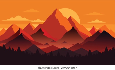 mountain range against a fiery sunset, landscape , art