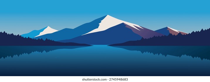 mountain range beside a peaceful lake bordered by dense