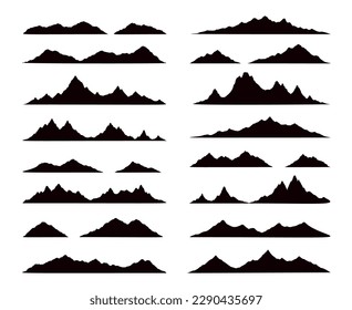 Mountain range black silhouettes, rocky landscape shapes. Isolated vector range of hills, monochrome ridges. Alps with summit peaks set of elements for adventure, rocks climbing, travel and hiking