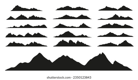 Siluetas negras de la cordillera de formas de paisaje rocoso, colinas vectoriales e íconos rocosos de pico. Rocas de montaña o silueta de montaña de cañón para el senderismo, el turismo de acampada o el deporte de escalada y los viajes