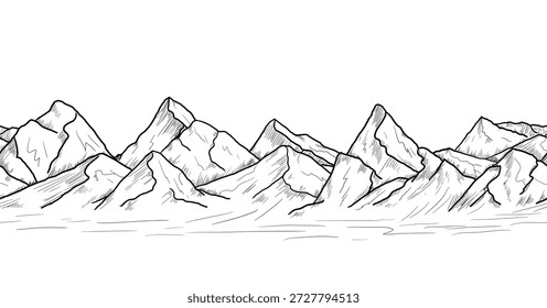 Cordillera, croquis en blanco y negro. Ilustración vectorial. Borde Horizontal inconsútil, aislado en un fondo blanco. Rock y piedras dibujadas a mano en un estilo sencillo