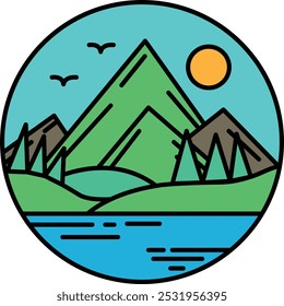 A mountain range with a blue sky and a sun in the background. The mountains are green and the sky is clear