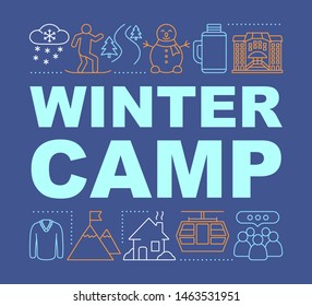 Mountain range camp word concepts banner.Ski resort. Winter season, holiday resort. Presentation, website. Isolated lettering typography idea with linear icons. Vector outline illustration