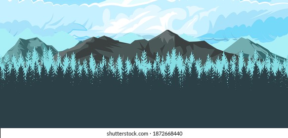 Mountain range with cliffs, rocks and peaks. Sky with clouds. Landscape with coniferous forest, taiga. Pine trees, ate. Illustration vector