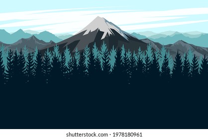 Mountain range with cliffs, rocks and peaks. Sky with clouds. Landscape with coniferous forest, taiga. Pine trees, ate.  Illustration vector