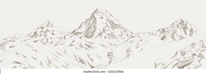 Mountain range climbers with backpacks walking through heavy snow in winter season, Climbing and mountaineering sport, hand drawn vector illustration. Mountain range vector illustration