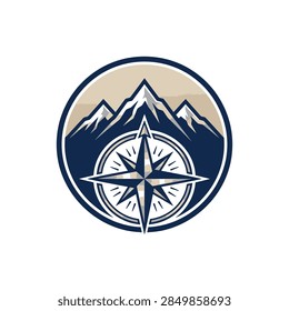 Mountain range and compass rose circular badge design.
