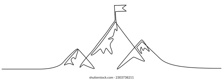 Mountain range continuous one line drawn. Mountain with flag linear concept. Vector illustration isolated on white.