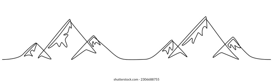 Mountain range continuous one line drawn. Adventure mountains landscape linear concept. Vector illustration isolated on white.