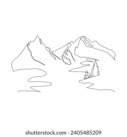 mountain range continuous One  line drawing. Simple line drawing of mountains and sun. Modern one line nature illustration
