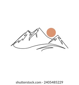 mountain range continuous One  line drawing. Simple line drawing of mountains and sun. Modern one line nature illustration
