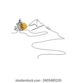 mountain range continuous One  line drawing. Simple line drawing of mountains and sun. Modern one line nature illustration
