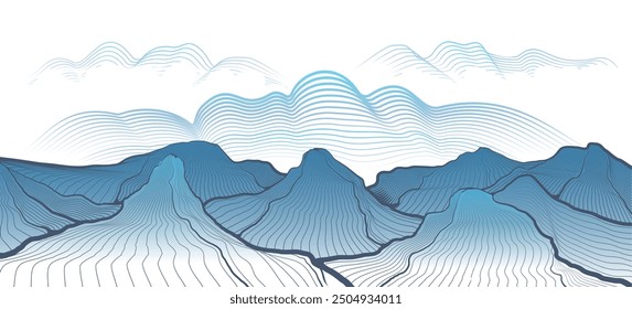 Mountain range contour landscape. Highland peaks and clouds isolated vector illustration