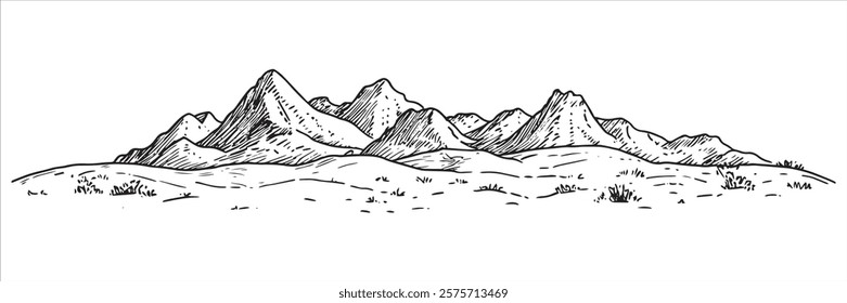 mountain range in desert landscape hand-drawn sketch doodle