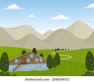 mountain range of dolomites and cottege for tourists. italian countryside vector hand drawn illustration