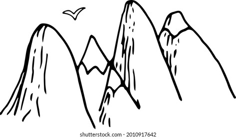 A mountain range drawn by hand. Logo, doodles, sketches, vector illustration.