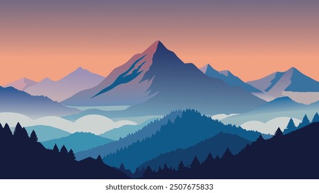 Cordillera rodeada de niebla y nubes, que muestra la serena belleza de la naturaleza y los majestuosos paisajes de Ilustración vectorial plana