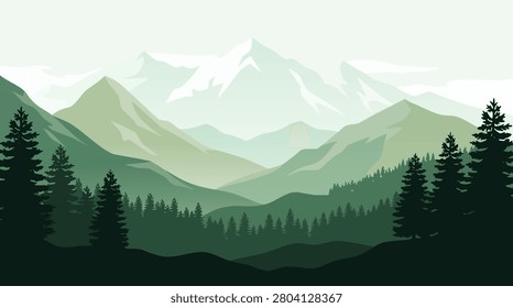 Mountain range and ever green forest vector illustration in shades of green